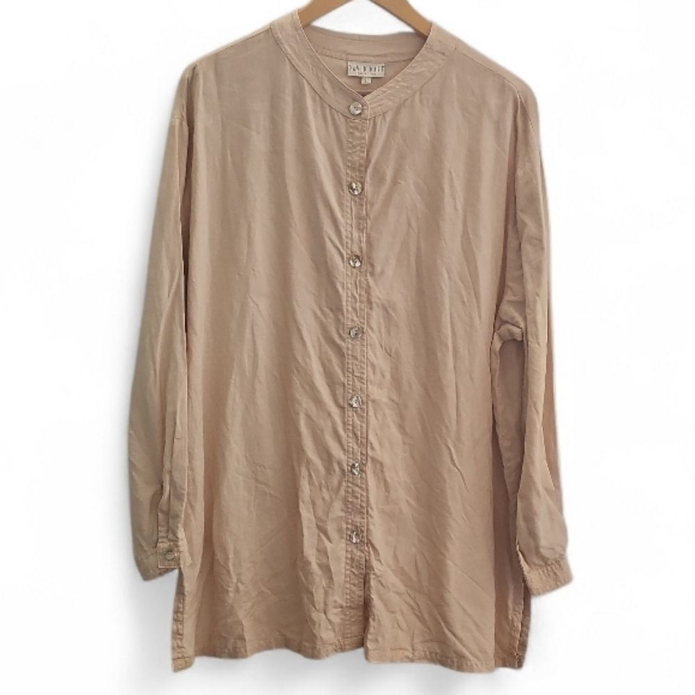 David Dart 100% Linen Tunic Shirt Women’s L Beige Made USA Lagenlook Coastal